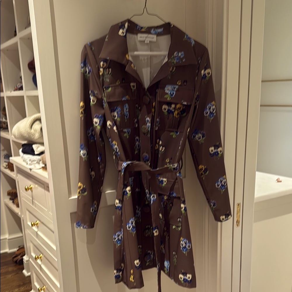 Floral Button-Front Shirt Dress in Brown with Blue & Yellow Flowers
